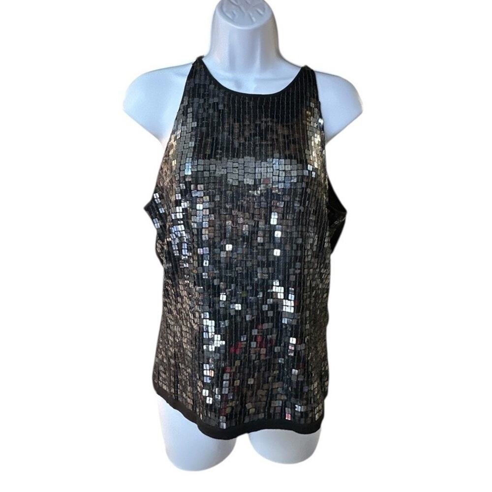 Gantos Black Silver Sequin Halter Tank Top Sleeveless Party Evening Vintage L